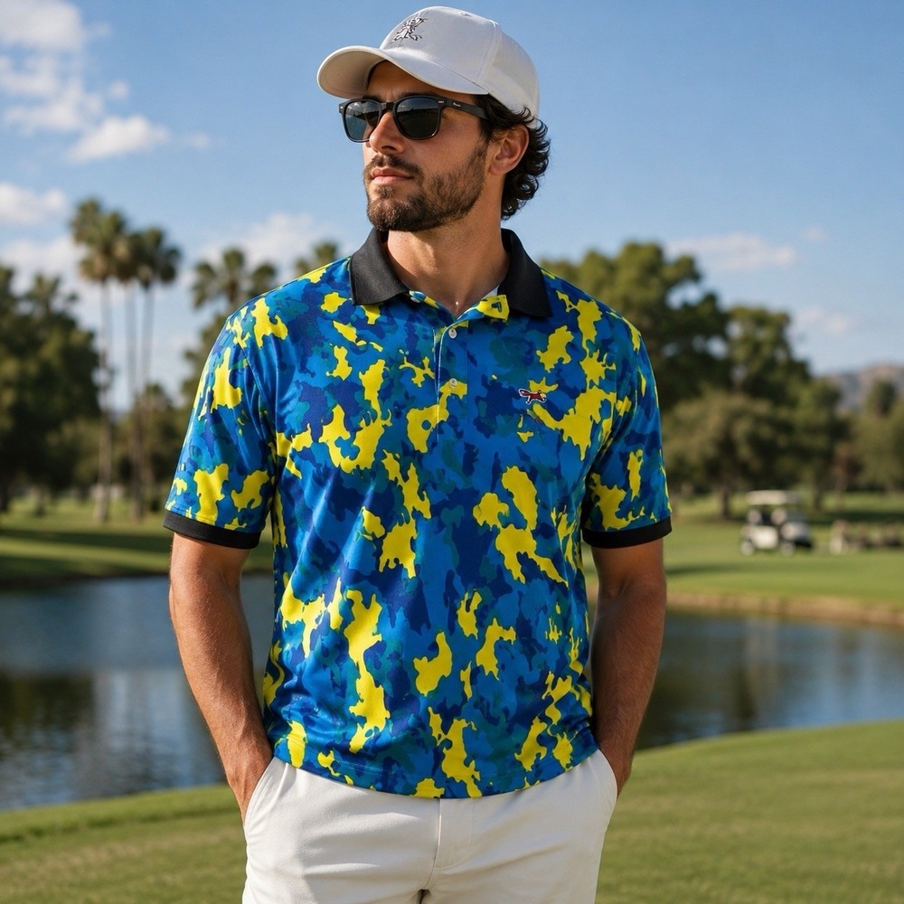 Retro Fox Mens XL Blue Yellow Camo Polo Shirt 100% Cotton Embroidered Logo